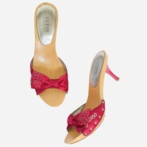 Vintage Y2K Hot Pink Rhinestone Bow Heels Mule Size 9 Barbie Elle Woods Glam